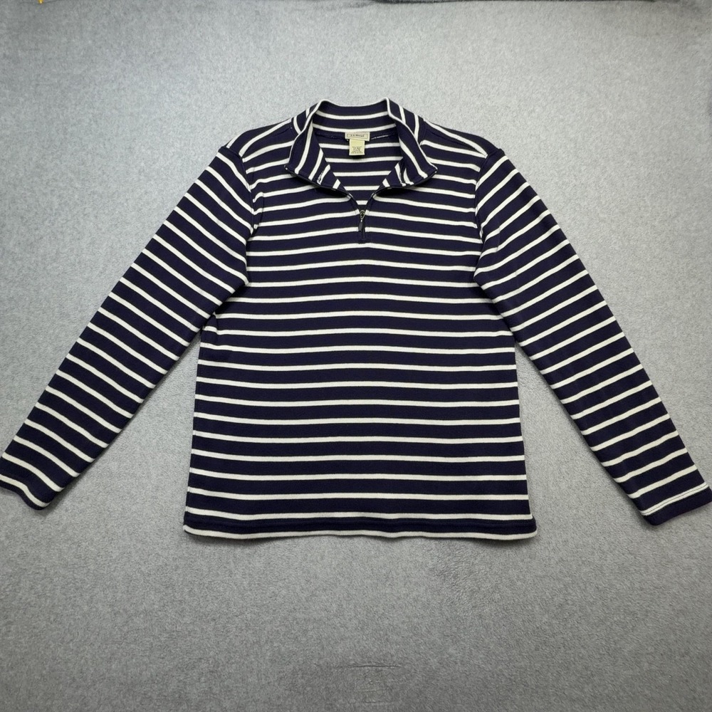 LL Bean Sweater Womens Large Blue Stripe 1/4 Zip Nautical Ribbed Knit Casual
